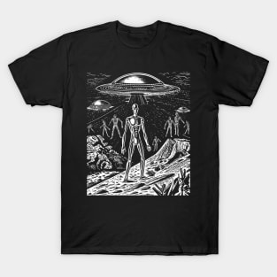 Black and White Alien UFO Invasion Art - Monochromatic Extraterrestrial Design T-Shirt